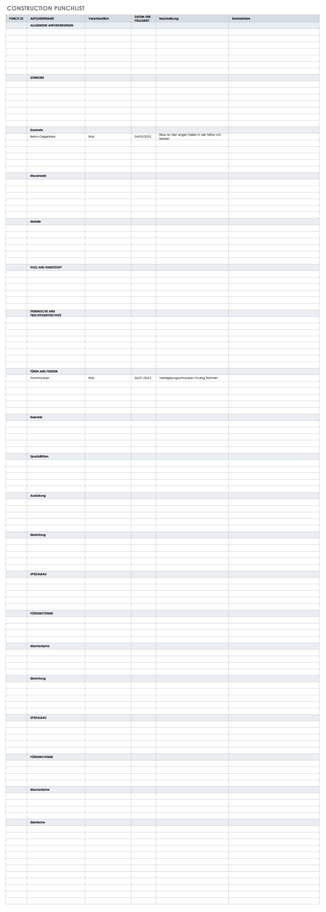 Construction Punchlist Template German