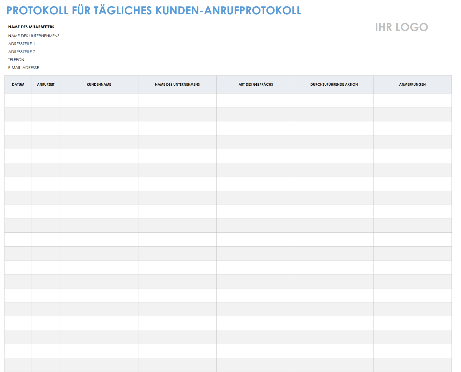  Vorlage für das Protokoll der täglichen Kundenanrufe
