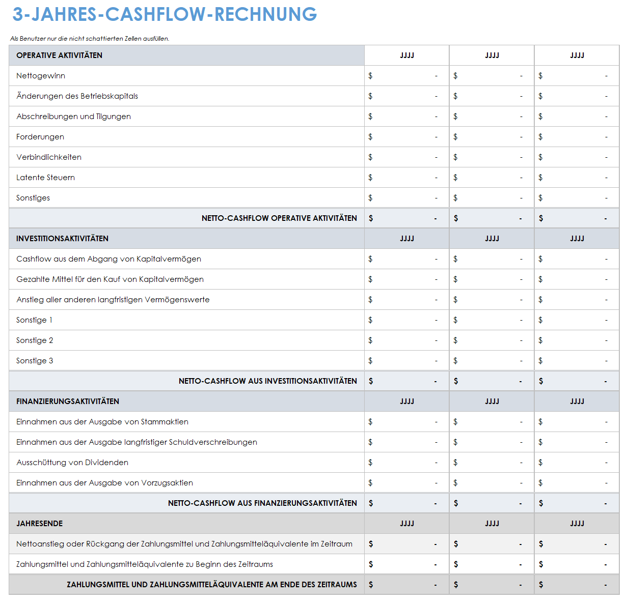  Vorlage für eine 3-Jahres-Kapitalflussrechnung