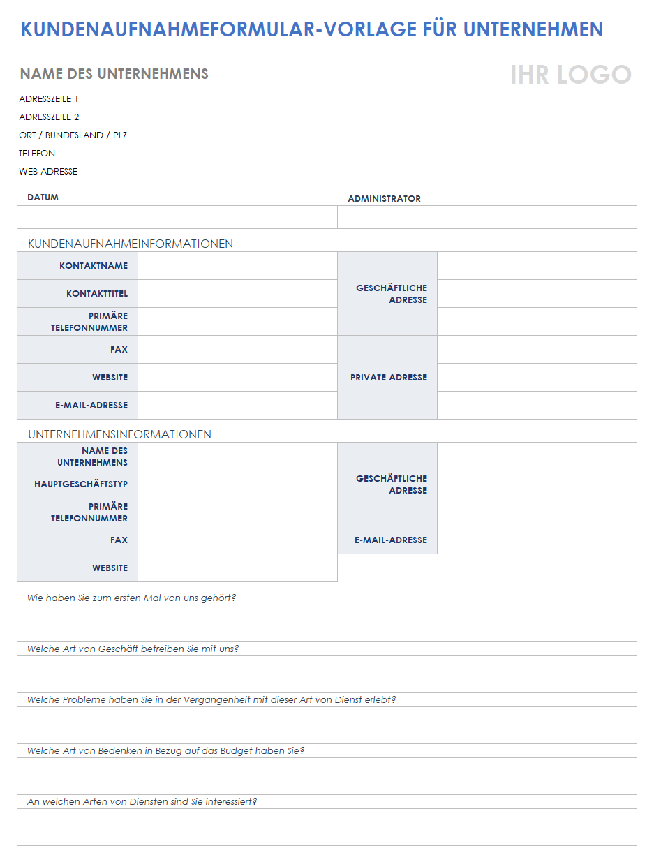 Vorlage für das Aufnahmeformular für Firmenkunden
