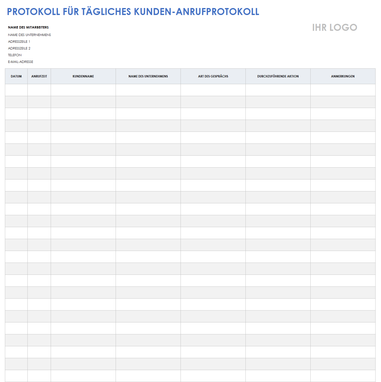  Vorlage für das Protokoll der täglichen Kundenanrufe