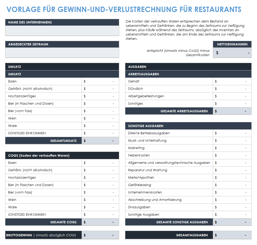  Vorlage für die Gewinn- und Verlustrechnung eines Restaurants