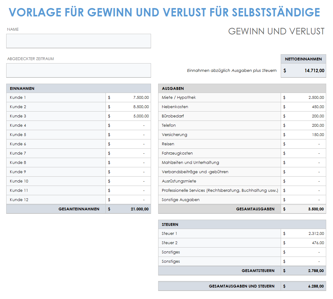  Vorlage für die Gewinn- und Verlustrechnung für Selbstständige