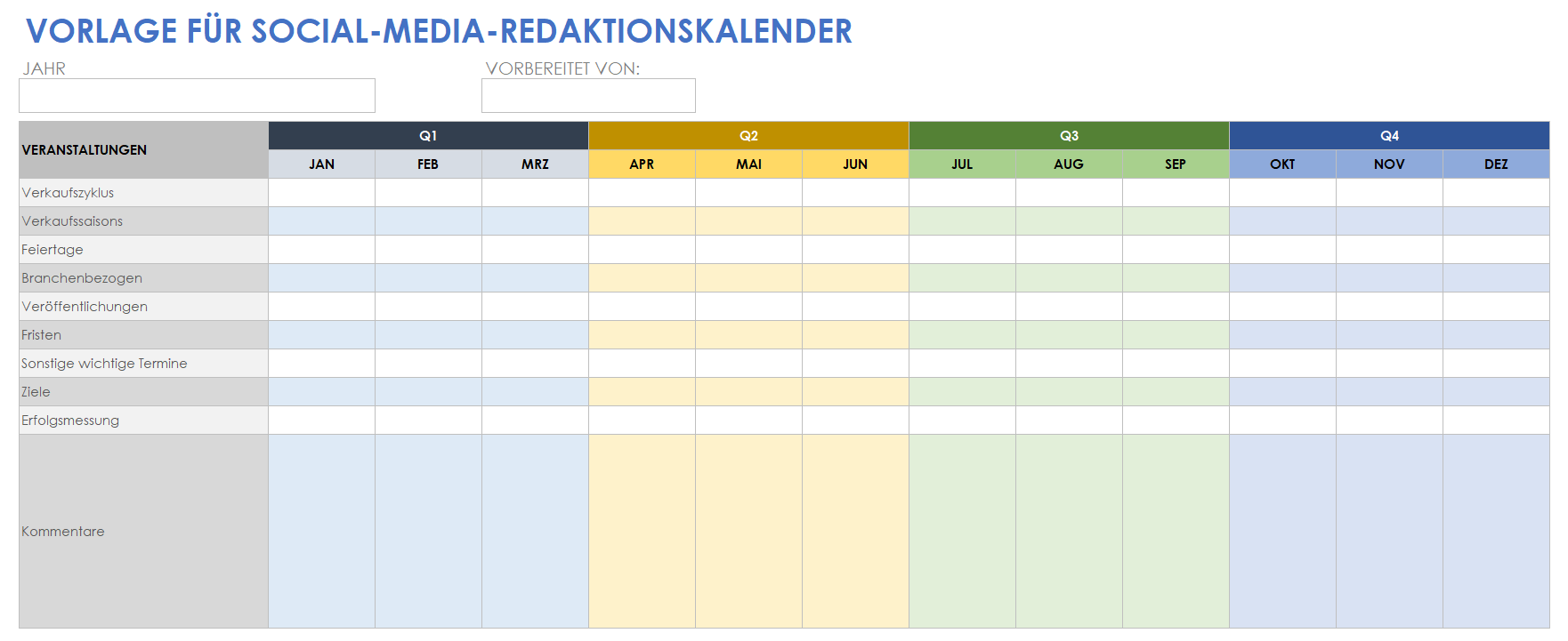 Vorlage für einen Redaktionskalender für soziale Medien