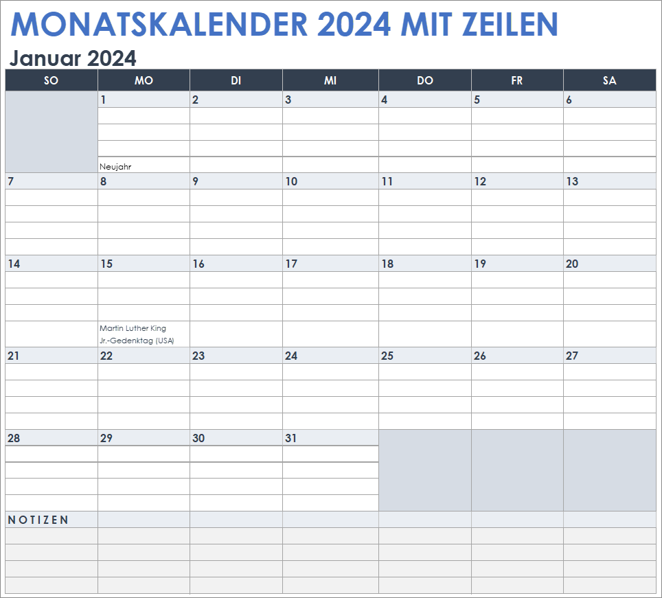  Vorlage für einen linierten Monatskalender 2024