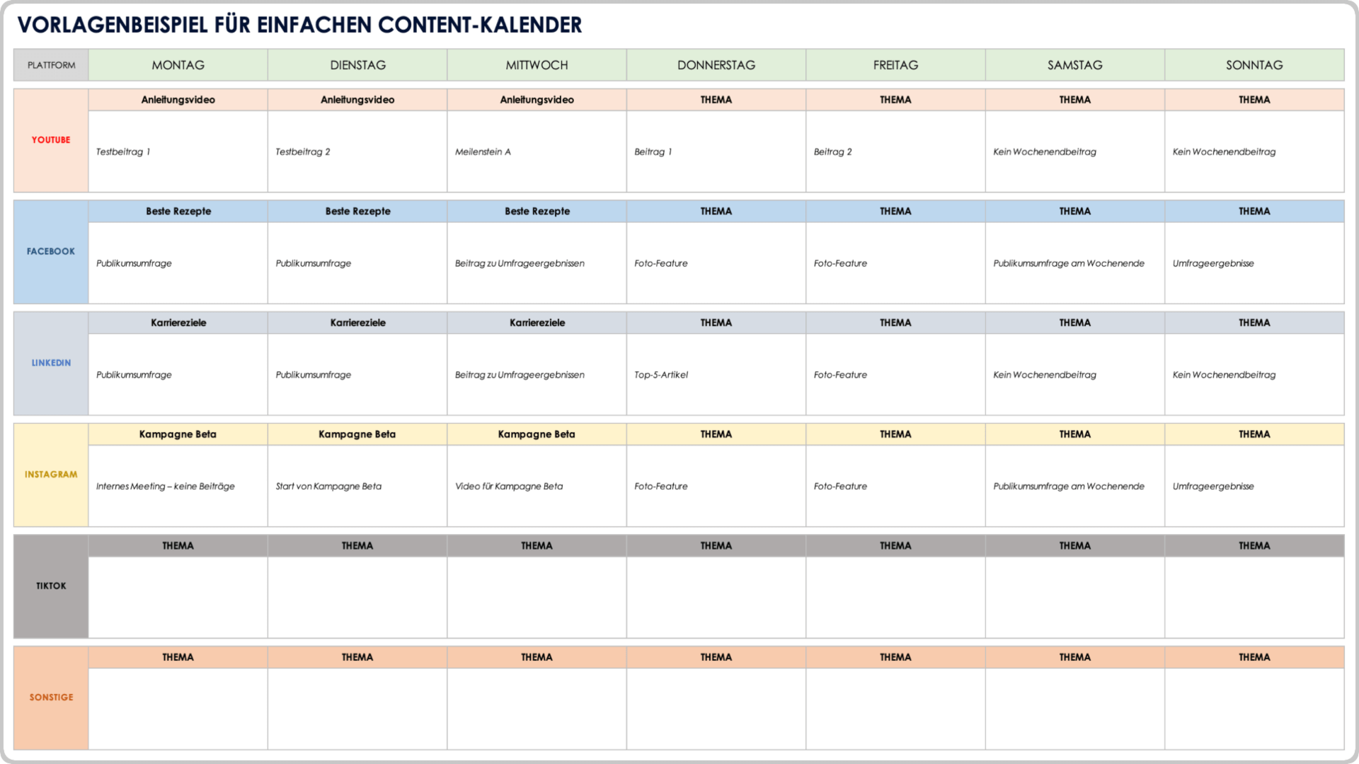 Beispiel einer einfachen Vorlage für einen Social-Media-Inhaltskalender