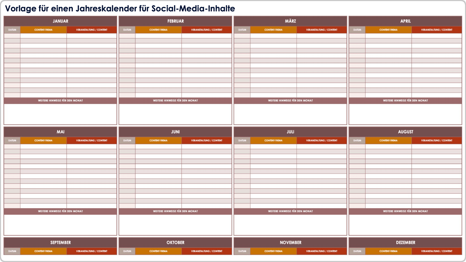 Vorlage für einen jährlichen Inhaltskalender für soziale Medien