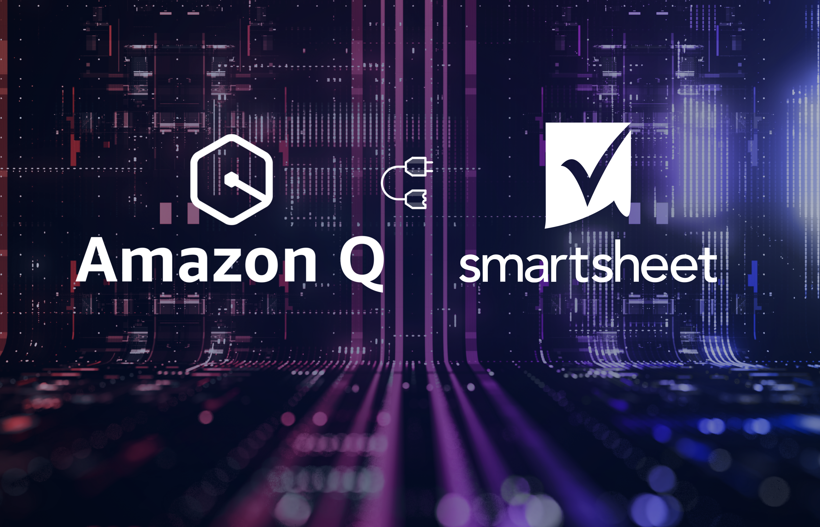 Two logos displayed side by side with a connector symbol in the middle. One, Amazon Q one featuring a hexagonal shape, and the other the Smartsheet logo with a blue box and white checkmark.