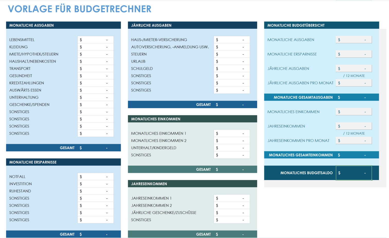 Budgetrechner-Vorlage