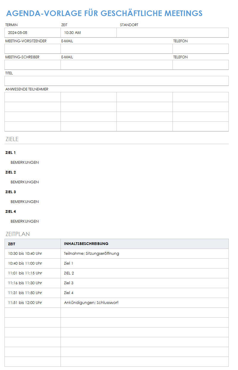 Tagesordnung für Geschäftstreffen