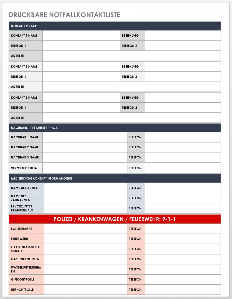 Druckbare Notfall-Kontaktlistenvorlage