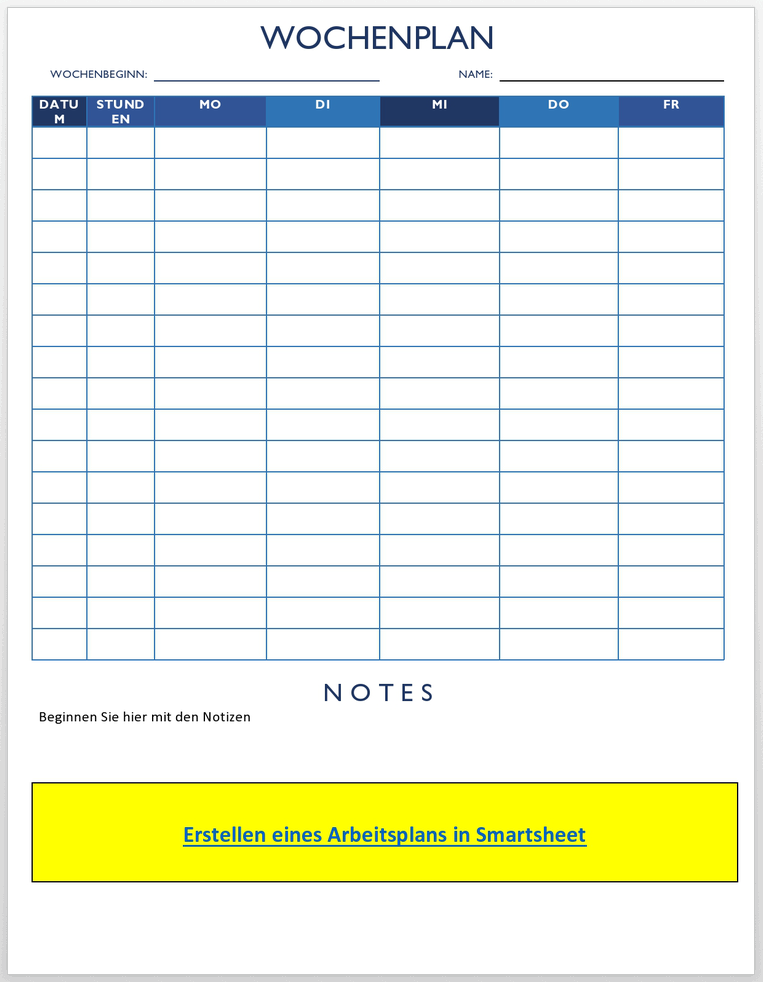  Arbeitsplan 5 Tage mit Notizenvorlage